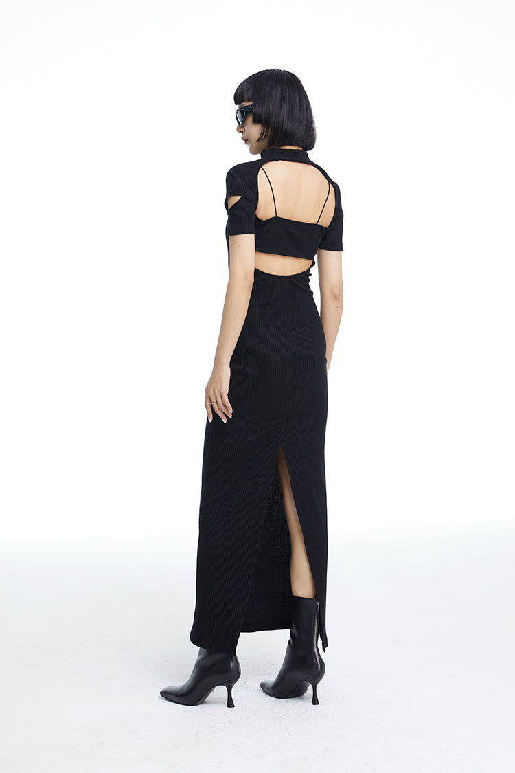 TINY IN fake two-piece deconstructed knitted back slit midi black dress -PUPIN