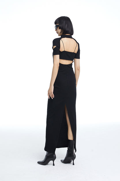 TINY IN fake two-piece deconstructed knitted back slit midi black dress -PUPIN