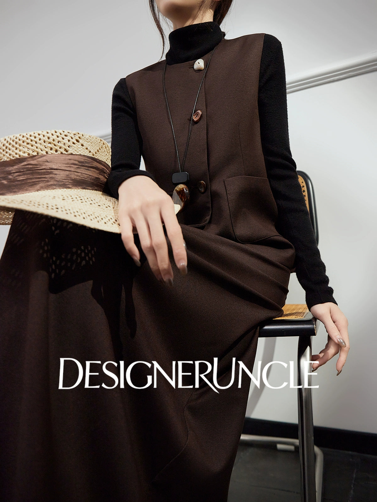 DGU |Coffee color asymmetrical design niche light luxury vest skirt two-piece set - Stephan.