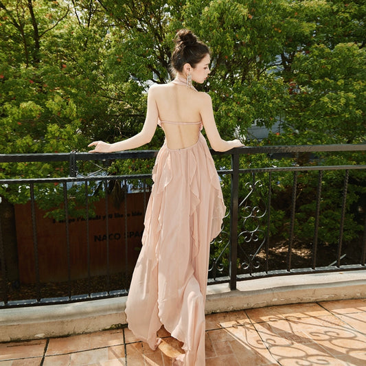 DOLLY Luxury Peach French Style Halter Neck Sleeveless Chiffon Flowing Dress-EVE
