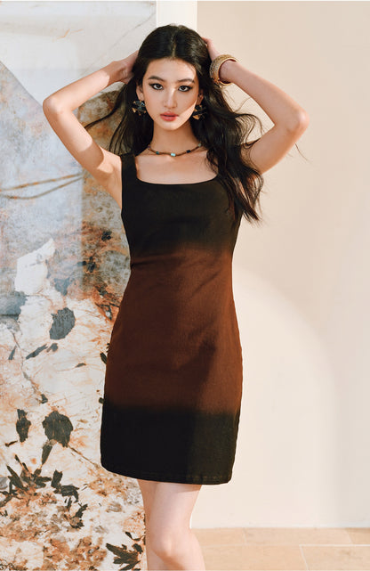 WANGXO |Long-Staple Cotton Neckline and Waist-Cinched Cropped Denim Dress -LANA