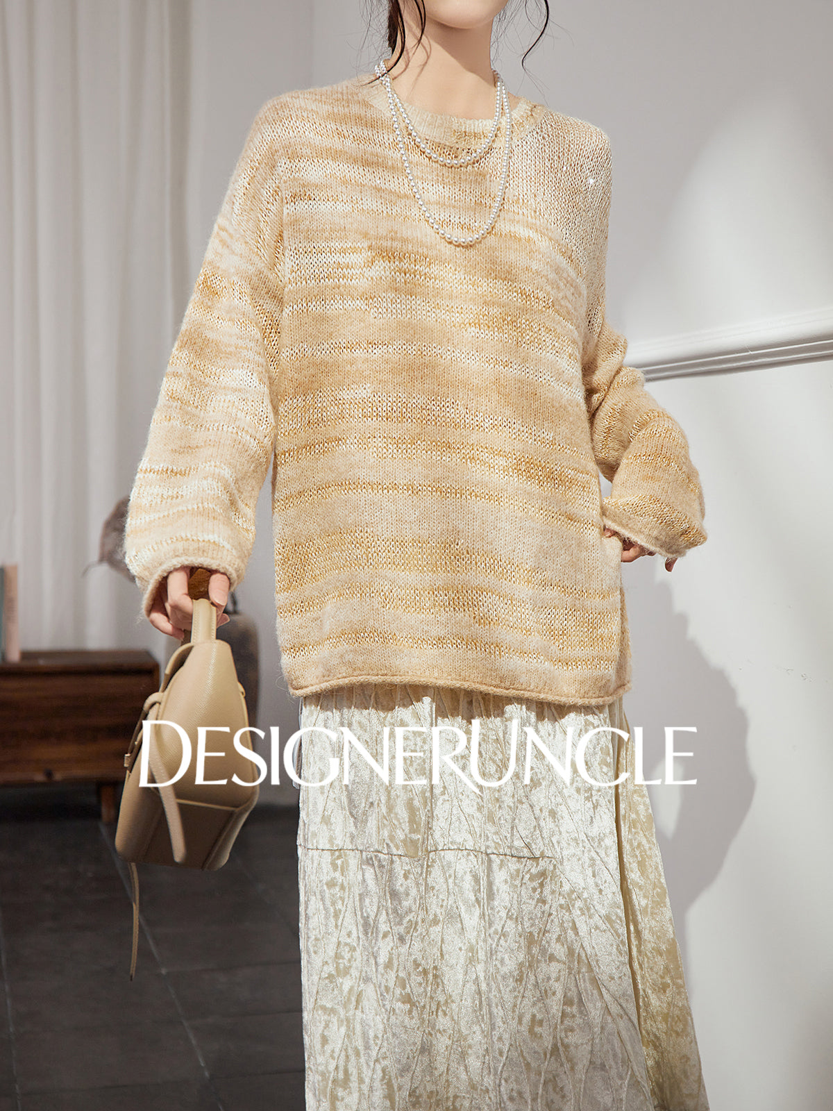 DGU|Orange and yellow sweater women's new soft waxy crew neck loose lazy design knitted top - BASE.