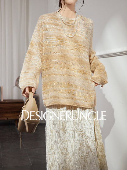 DGU|Orange and yellow sweater women's new soft waxy crew neck loose lazy design knitted top - BASE.