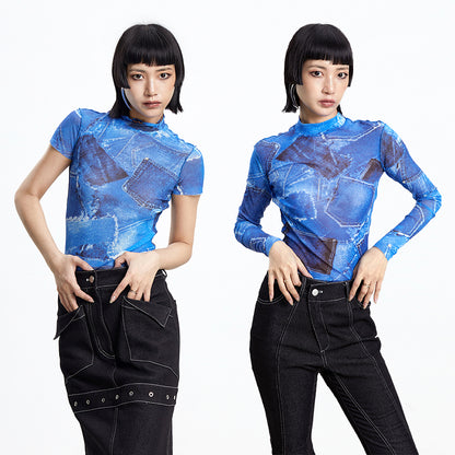 TINY IN denim print sun protection mesh long short sleeve t-shirt -IHU