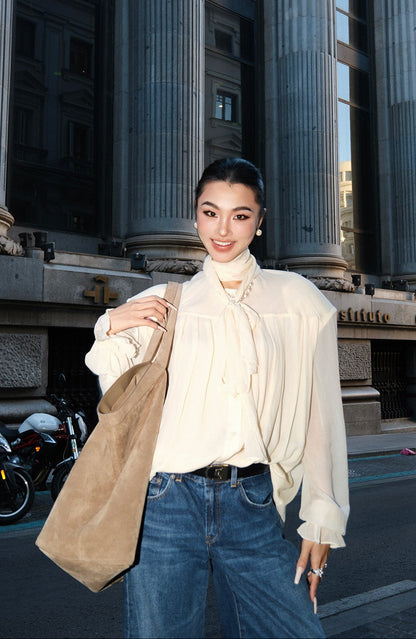 MEI SANGUAN beige French retro lantern sleeve bow shirt - CAIUS