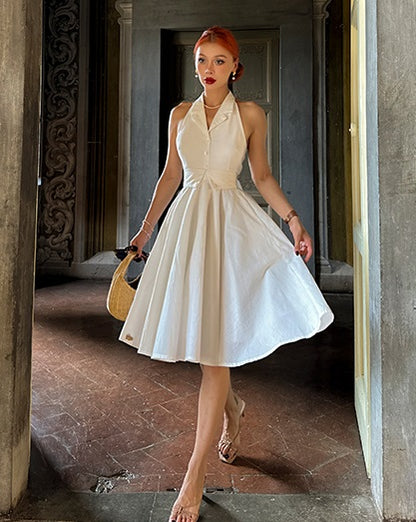 Le Palais Vintage Elegant Pure White Cotton and Linen Halter neck Vest High Waist Swing Skirt-MIA