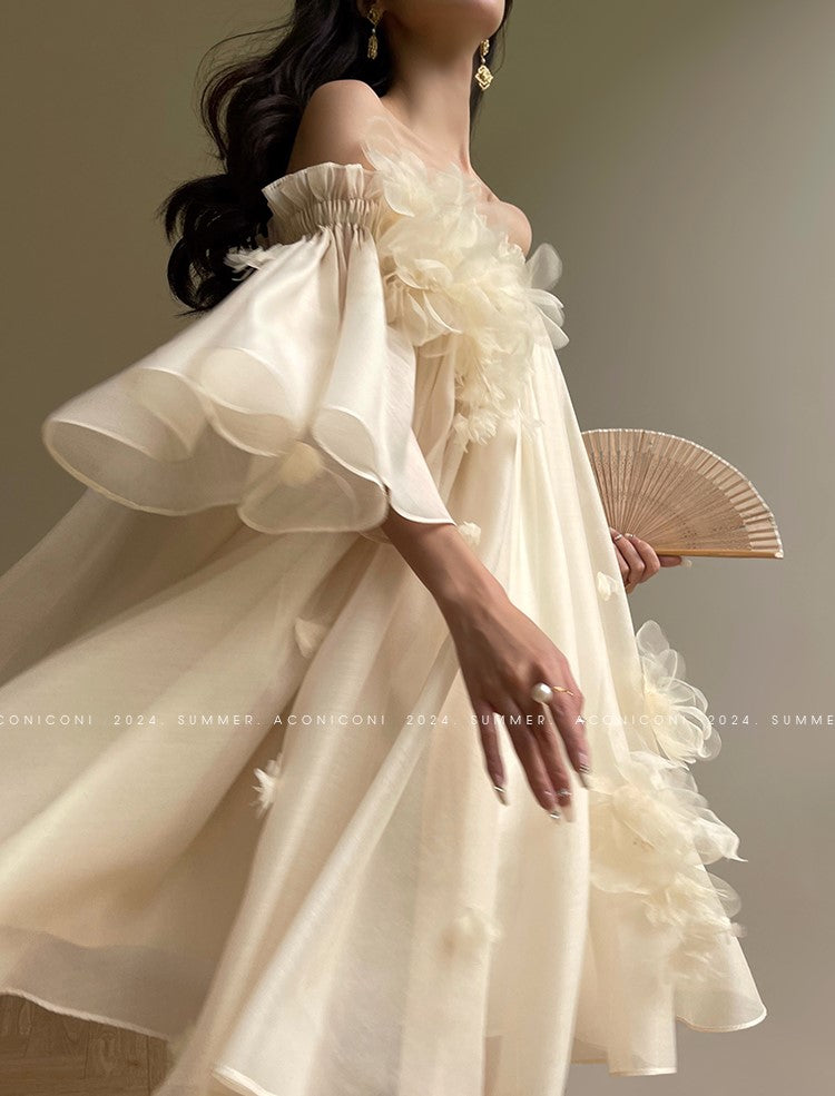 Aconiconi Luxury Off-Shoulder Flower Short Sleeve bridal baby doll Dress - Magnolia Lotus Fragrance