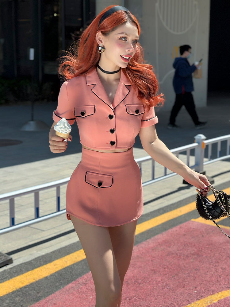 Le Palais Vintage  Peach Pink Small Fragrance Crop Top + Skirt Set-BEN