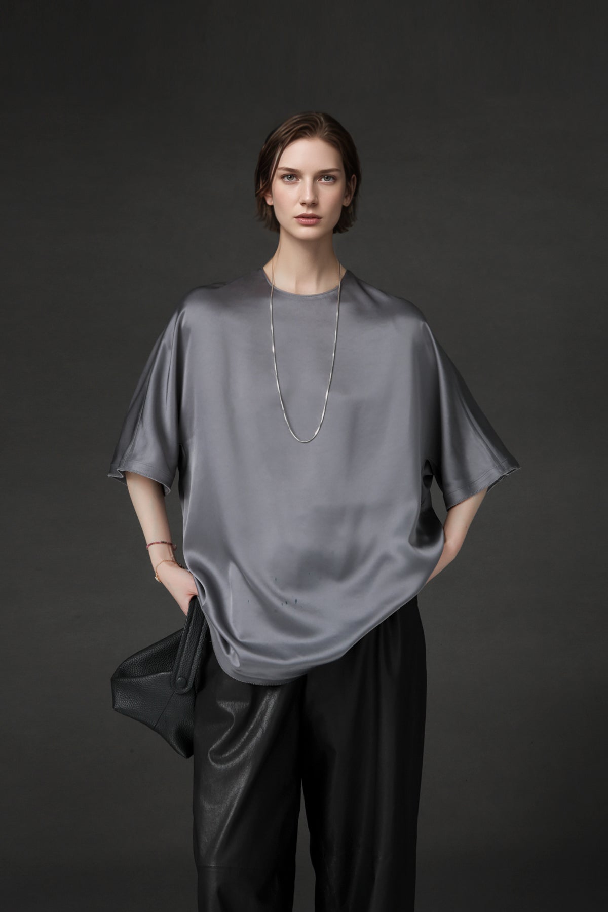PIAOIN light luxury acetate satin glossy mid sleeve body shirt - CHARLOTTE
