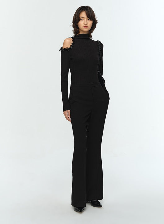 COMME MOI Lu Yan designer's new women's off-the-shoulder stud bead slim wool knitwear - TIRED.
