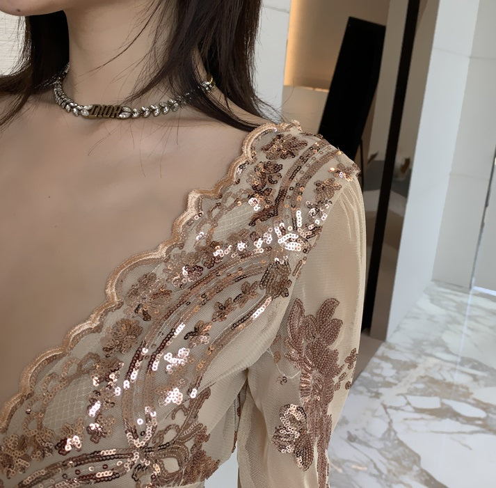 DOLLY Elegant V-Neck Long Sleeve Sequin Hip Flared Fish Tail Banquet Dress-MAY