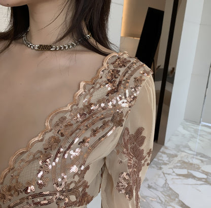 DOLLY Elegant V-Neck Long Sleeve Sequin Hip Flared Fish Tail Banquet Dress-MAY