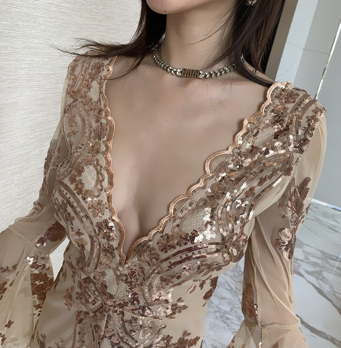 DOLLY Elegant V-Neck Long Sleeve Sequin Hip Flared Fish Tail Banquet Dress-MAY