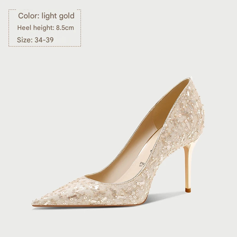 PJJUU champagne colored xiuhe pointed toe stiletto shoes  - EMLYN.