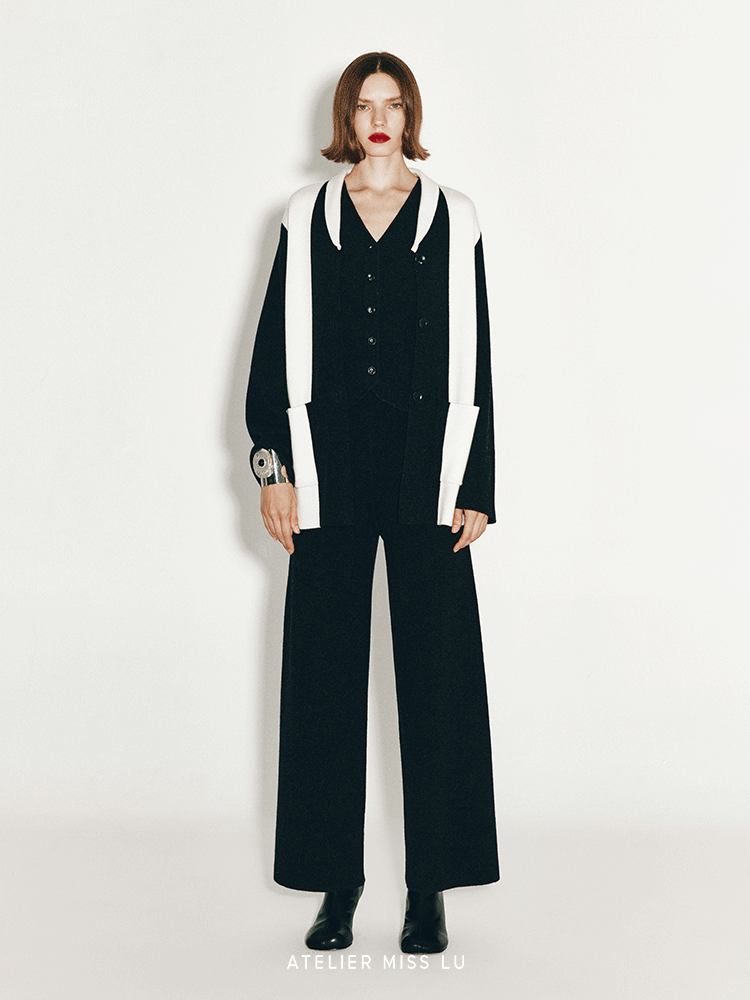 ATELIER MISS LU Geometric Contrast Cashmere and Wool Blend Cardigan - CLOVE