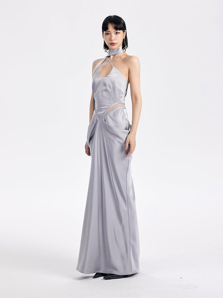 TINY IN satin irregular slip sleeveless hip pleated long dress -KING