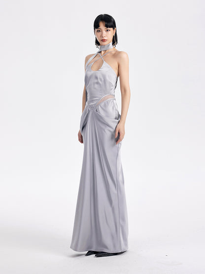 TINY IN satin irregular slip sleeveless hip pleated long dress -KING