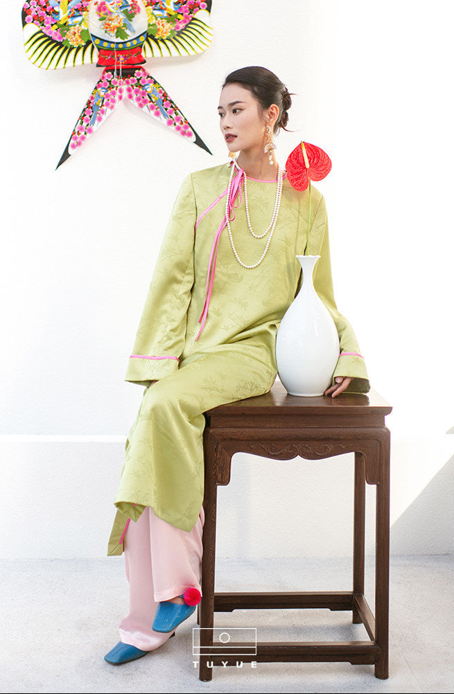 TUYUE Chinese style round neck satin woven side dress- IRIS
