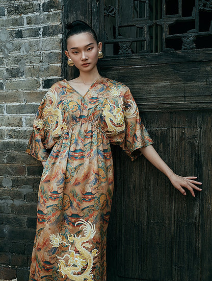 HECO Chinese Waist Cinched V-Neck Dress - QIN