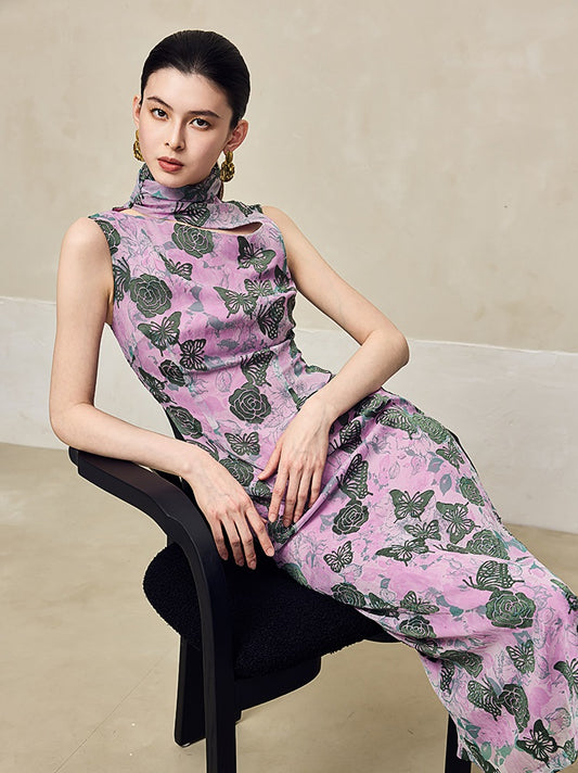 HECO Burnt flower hollow slim sleeveless purple midi dress woman - MIGHT.