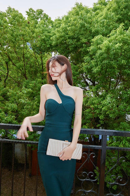 DOLLY High End Deep Green Slant Collar Sleeveless Body Hug Short Dinner Dress-ODETTE