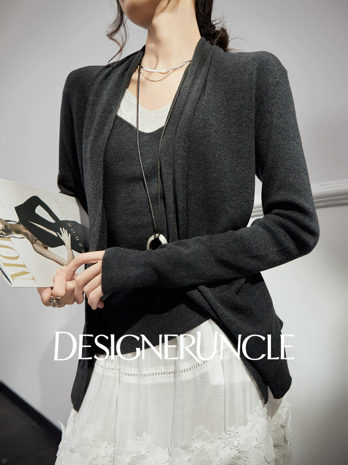 DGU "Moqin" dark flower gray jacket new lazy style design loose cardigan - Avery.