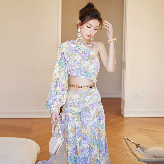 DOLLY Luxury French Style Floral One Sleeve Off Shoulder Waist Baring Slit Resort Dress-LYRA