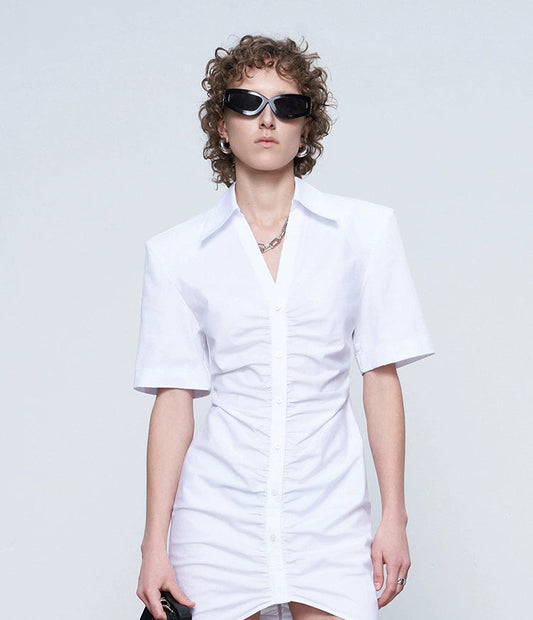 ANNAKIK Black and white pleated waist V-neck dress-FANSIA