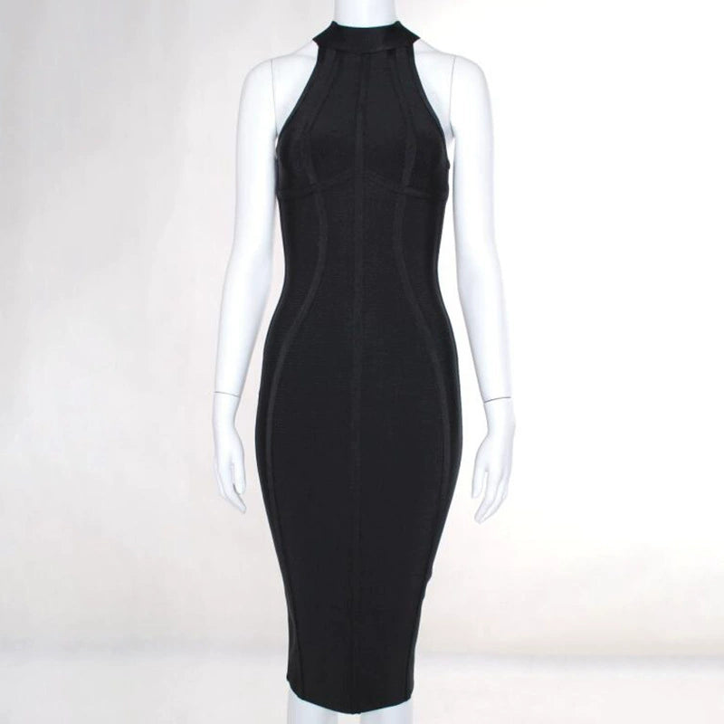 DOLLY Elegant Sleeveless Stand Collar Body Hug Midi Sexy Date Dress-NAT