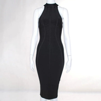 DOLLY Elegant Sleeveless Stand Collar Body Hug Midi Sexy Date Dress-NAT