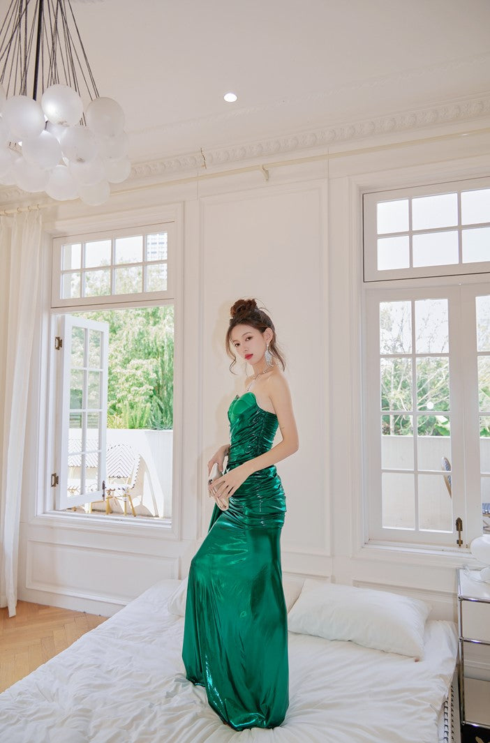 DOLLY High End Green Off Shoulder Chest Wrap Irregular Fish Tail Dress-LEAH