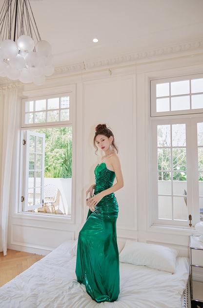 DOLLY High End Green Off Shoulder Chest Wrap Irregular Fish Tail Dress-LEAH