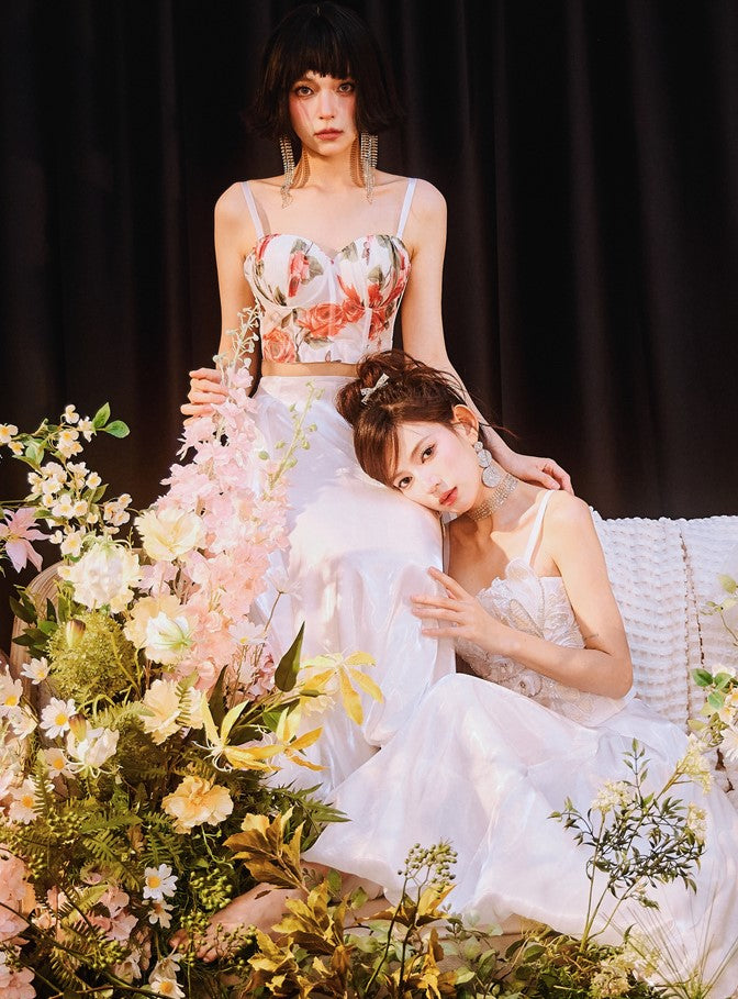 DOLLY Elegant White Natural Waist Flower Bud Long Chic Skirt-CYNTHIA  (V)