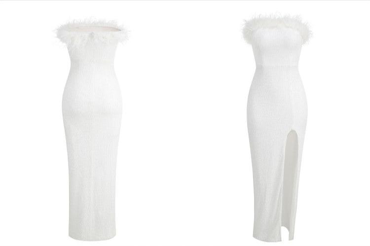 DOLLY White Feather Tube Top Sequin Slim Fit Long Dress-STEPH