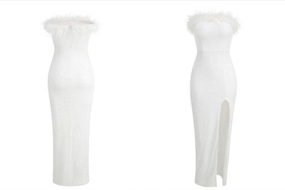 DOLLY White Feather Tube Top Sequin Slim Fit Long Dress-STEPH