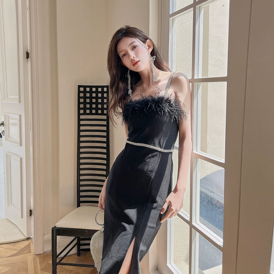 DOLLY Elegant Sleeveless Feather Tube Top Hip Wrap Dinner Dress-KALE