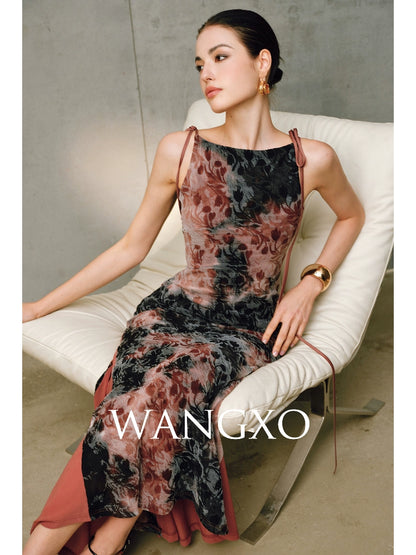 WANGXO | Artistic Ink Smudge Flora Knit Patchwork Contrast Tulle One-Shoulder Fishtail Dress with Flowing Gradient Drama -XINA