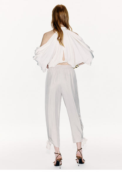 ATELIER MISS LU Bow Embellished Cinched Acetate Tapered Pants - VELVET.