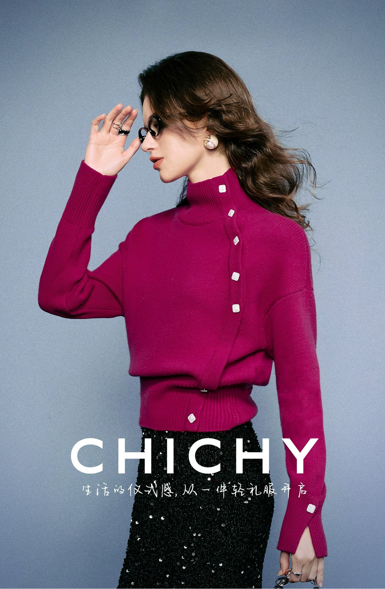 CHICHY Western-style turtleneck knitted sweater retro rose red inner top-AKAGI