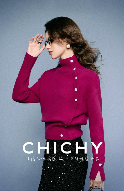 CHICHY Western-style turtleneck knitted sweater retro rose red inner top-AKAGI