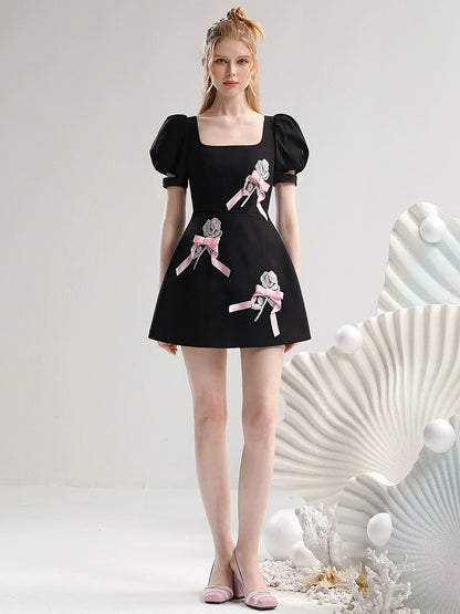 CHECOCRE New Three-Dimensional Beads Rose Bow Contrasting Little Black Dress - CHARLES