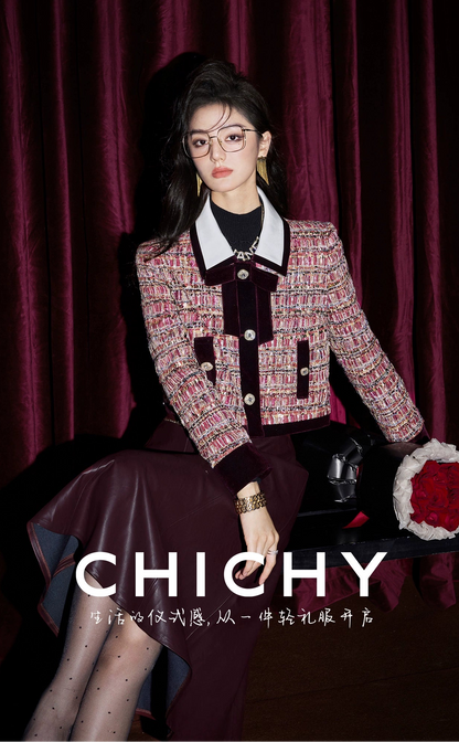 CHICHY retro socialite dark red leather long skirt-DAN
