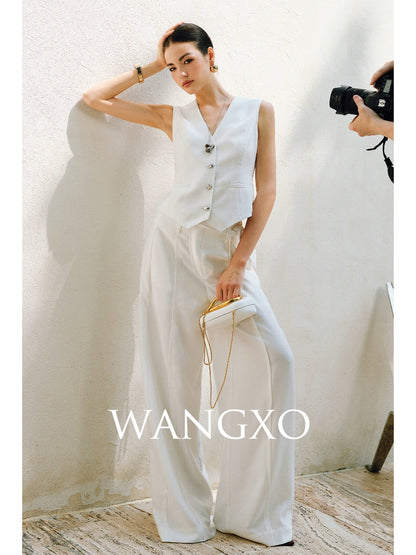 WANGXO |V-Neck Vest & Belted Straight Pants Intellectual Suit Set -NÉRA