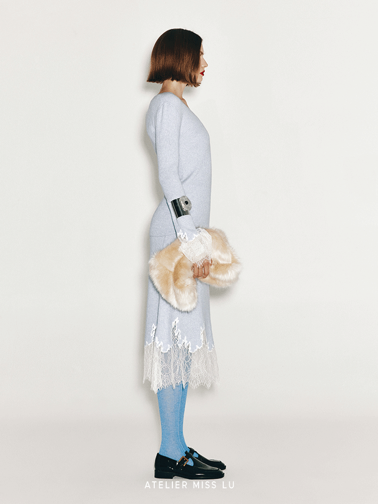 ATELIER MISS LU Fall/Winter elongated lace panelled cashmere wool skirt - JOY