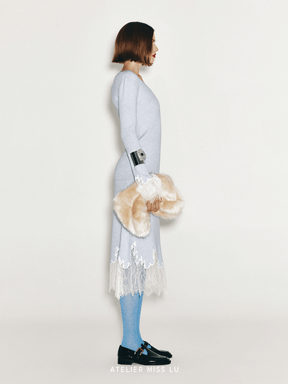 ATELIER MISS LU Fall/Winter elongated lace panelled cashmere wool skirt - JOY