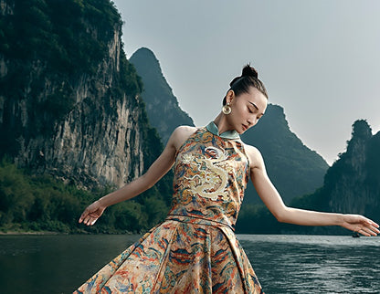 HECO Chinese Retro Style Embroidery Golden Dragon Stand-up Collar Vest Top  - QANT.