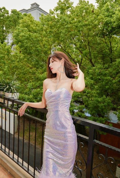 DOLLY Luxury Violet Glittering Sleeveless Chest Wrap Midi Feather Party Dress-FILIPPA