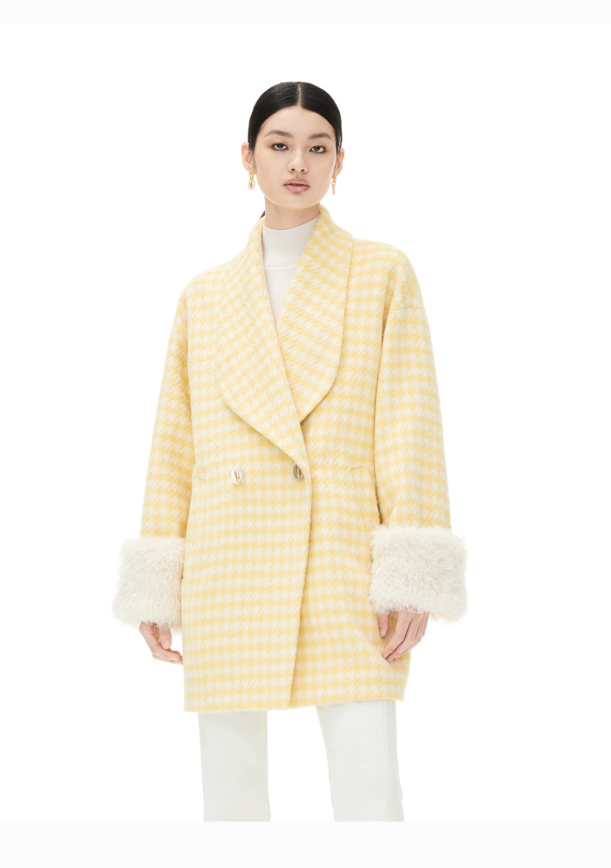 YES BY YESIR autumn winter loose stylish tulip yellow houndstooth coat  - Kibban