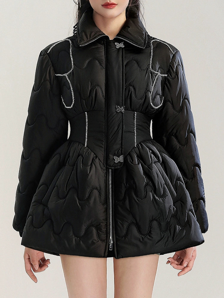 CHECOCRE Elegant Black Diamond Chain Design Waist Slim Warm Puffer Jacket  Dress- SCANDLAR