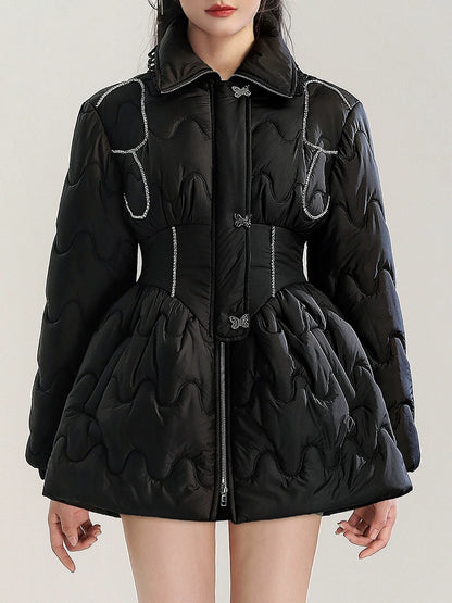 CHECOCRE Elegant Black Diamond Chain Design Waist Slim Warm Puffer Jacket  Dress- SCANDLAR